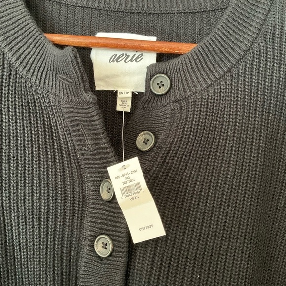 Aerie Black Cotton Rib Knit 1/2 Button Pullover Henley Sweater Size XSmall NEW - Picture 3 of 5